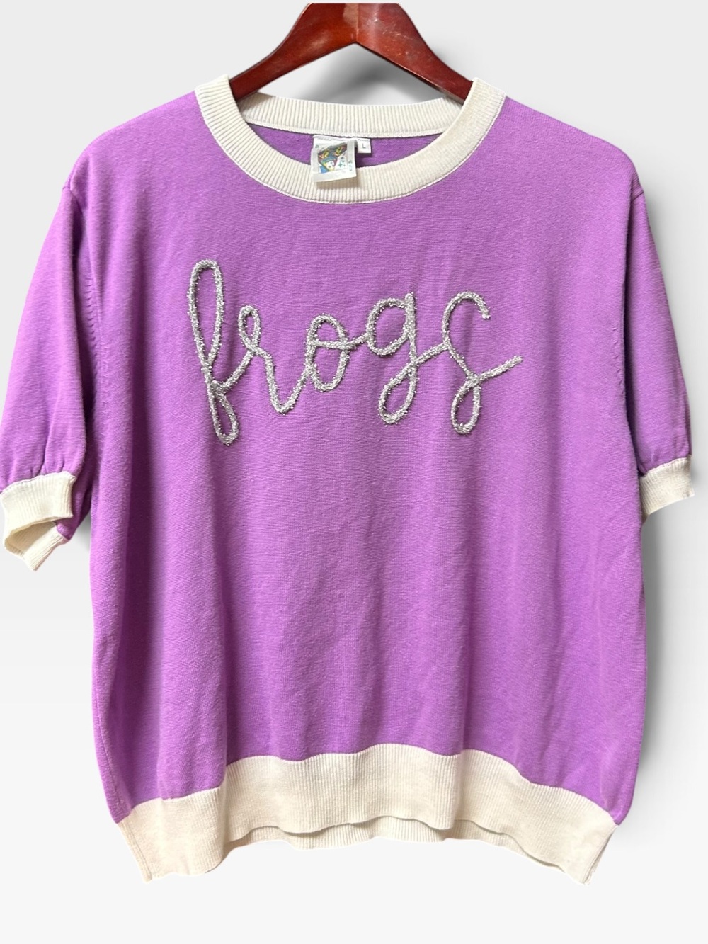 Queen of Sparkes purple Frogs lightweight sweater size lathe cotton blend